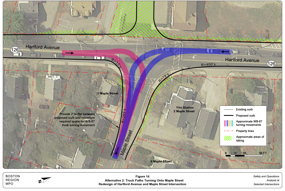 FIGURE 14. Alternative 2: Truck Paths Turning Onto Maple Street
Figure 14 shows how Alternative 2 accommodates the turning movements of a WB-20 semitrailer.
FIGURE 14. Alternative 2: Truck Paths Turning Onto Maple Street
Figure 14 shows how Alternative 2 accommodates the turning movements of a WB-20 semitrailer.